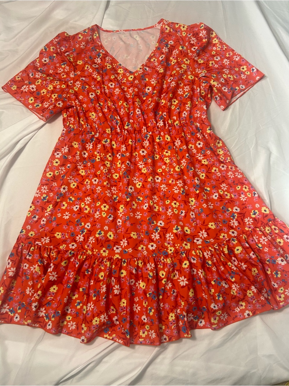 Hapsha Red Floral V-Neck Ruffle Hem Dress 1X